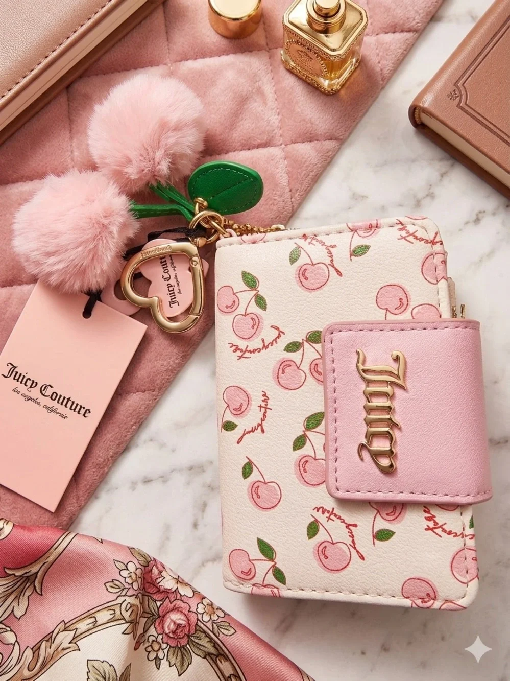 Juicy Couture Pink Cherry-Print Compact Wallet with Pom Charm